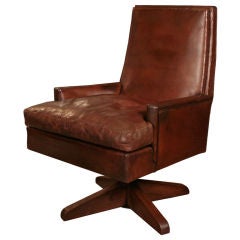 Vintage French Art Deco Leather and Oak Desk Chair