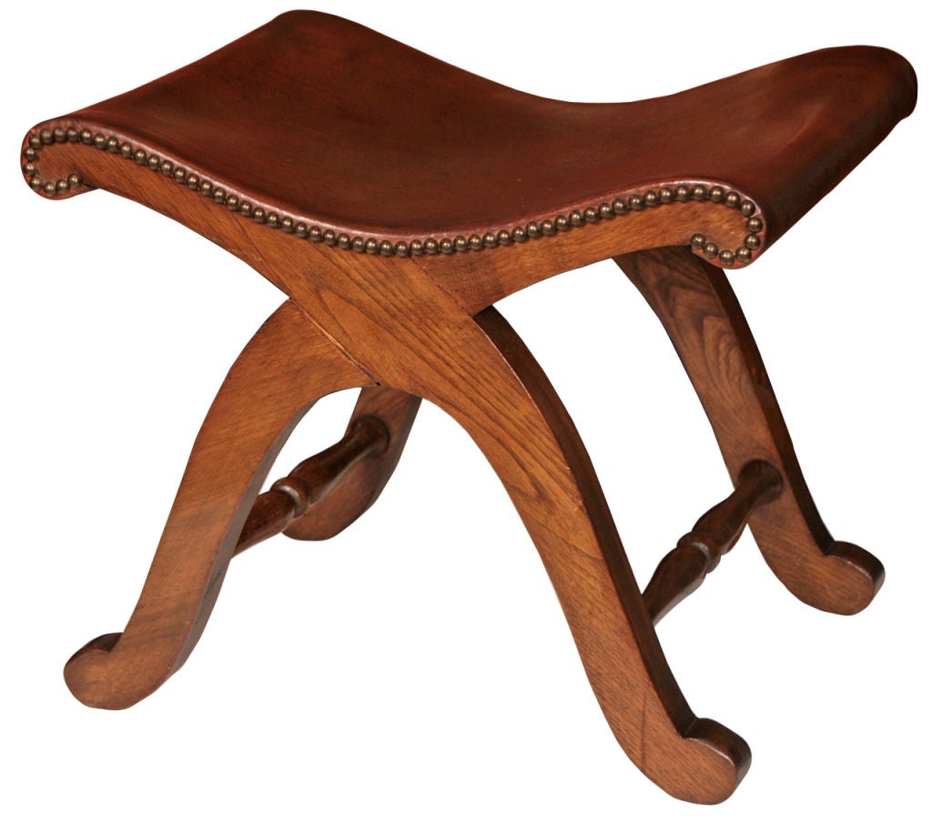 Pair of Spanish Solid Oak and Leather Stools