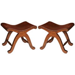 Pair of Spanish Solid Oak and Leather Stools