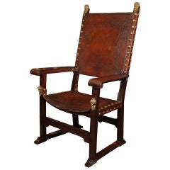 French Antique Renaissance style Walnut and Leather Armchair