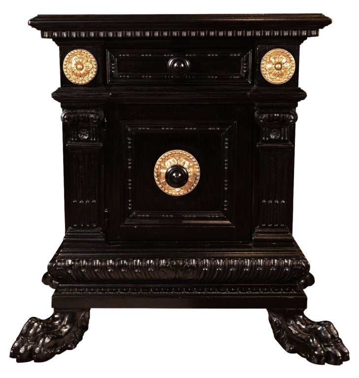 Stunning pair of Italian antique Renaissance style side tables in elaborately hand carved and ebonized solid walnut, all original. Traditional French polish finish, gold leafed details.