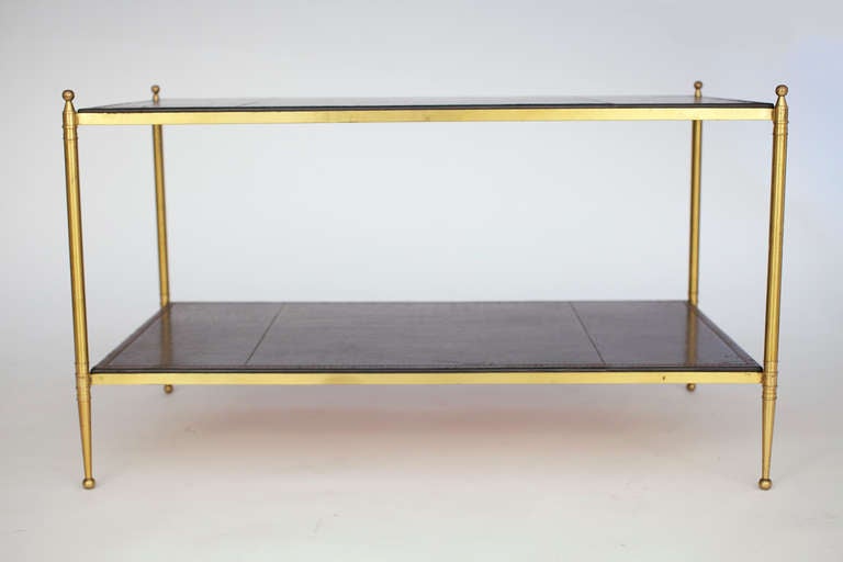 French Vintage Hermes Leather & Gilt Brass Coffee Table att Jacques Adnet