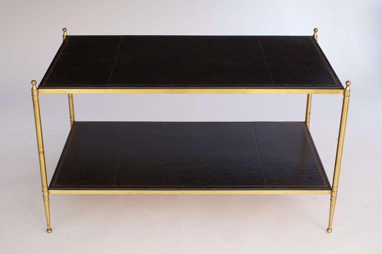 Vintage Hermes Leather & Gilt Brass Coffee Table att Jacques Adnet 1