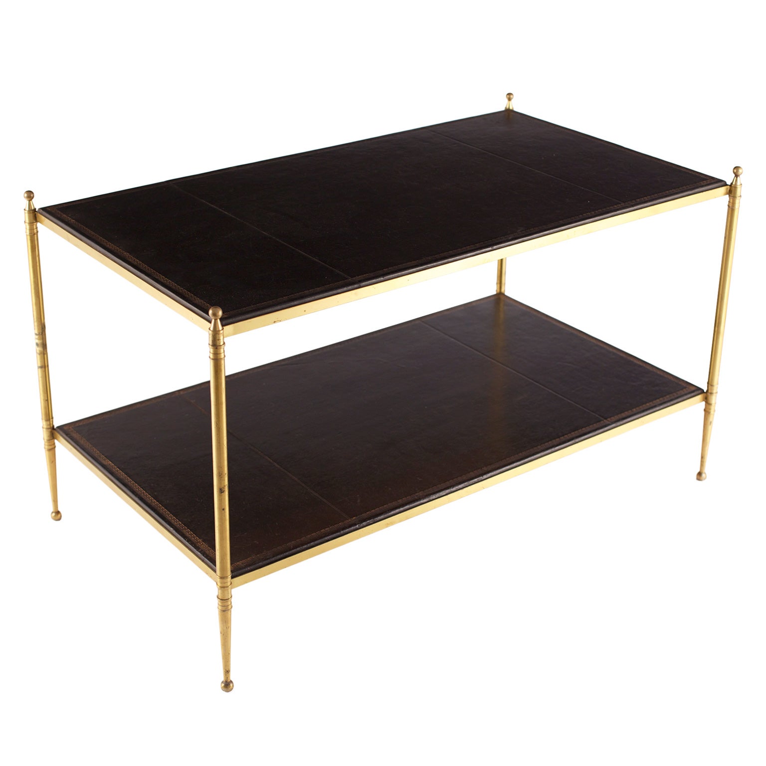 Vintage Hermes Leather & Gilt Brass Coffee Table att Jacques Adnet