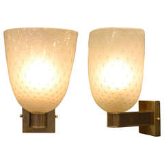 Pair of Murano "Pulegoso" Glass 
Brass Sconces