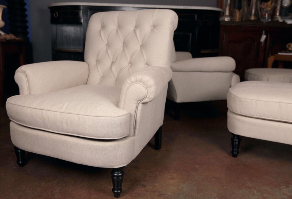 Pair of French Antique Napoleon III Bergeres with Ottomans