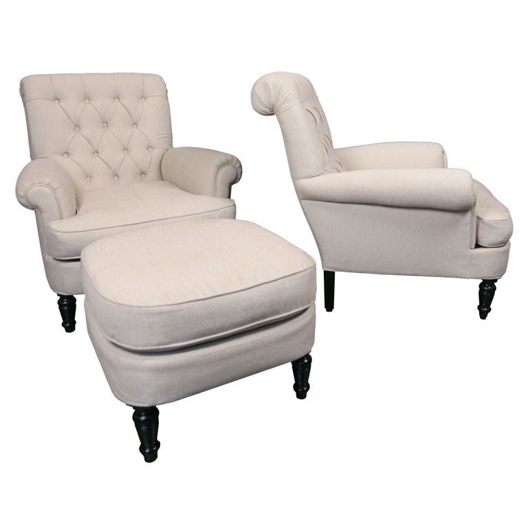 Pair of French Antique Napoleon III Bergeres with Ottomans