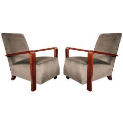 Pair of French Art Deco Solid Walnut Mohair Period Armchairs