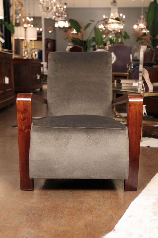 Pair of French Art Deco Solid Walnut Mohair Period Armchairs