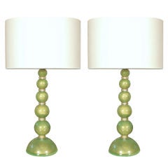 Pair of Italian Vintage Green Murano Glass Lamps
