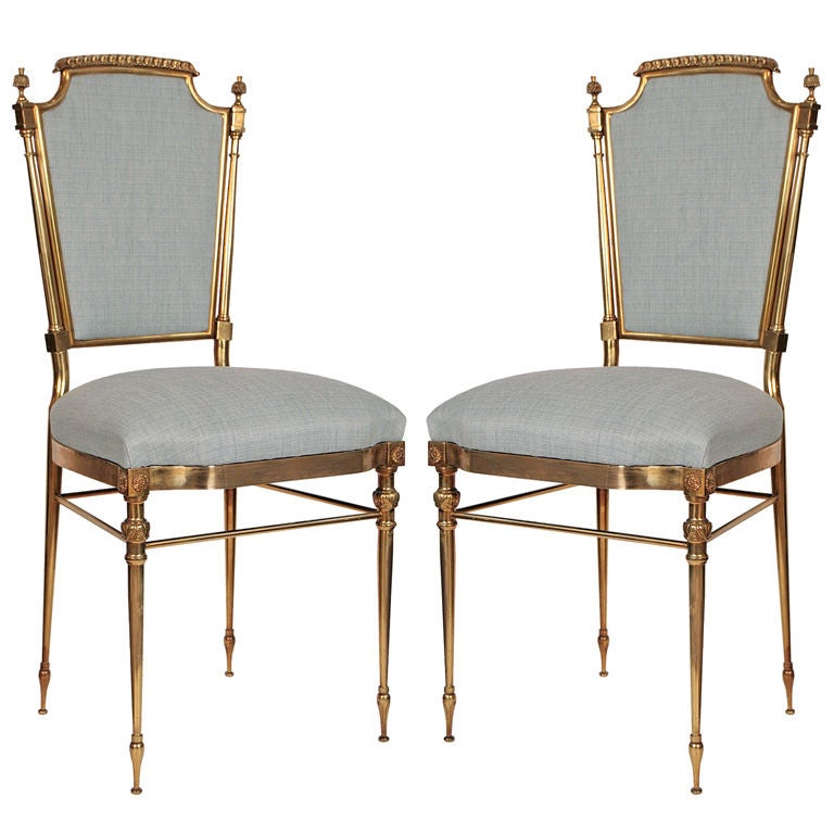 Pair of Louis XVI Italian Vintage Chiavari Gilded Brass Chairs