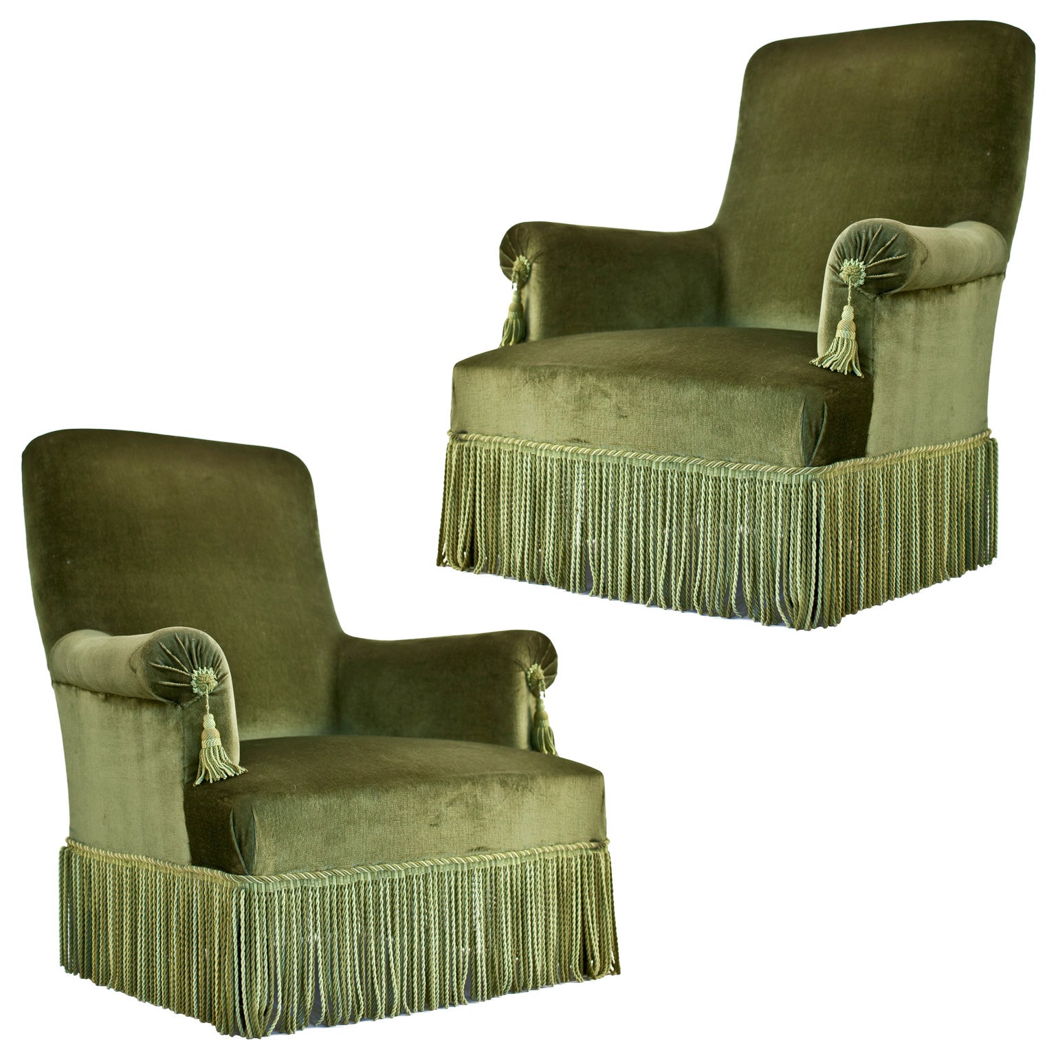 Pair of Napoleon III Period Bergeres in Green Velvet