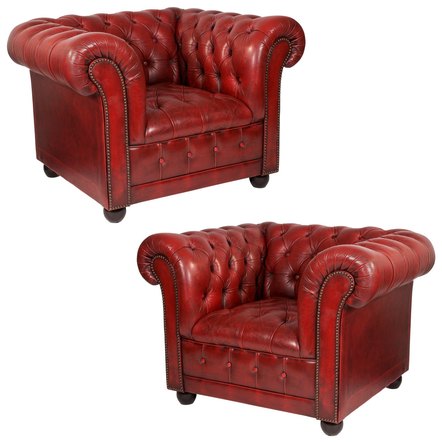Vintage Pair of Red Leather Chesterfield Club Chairs