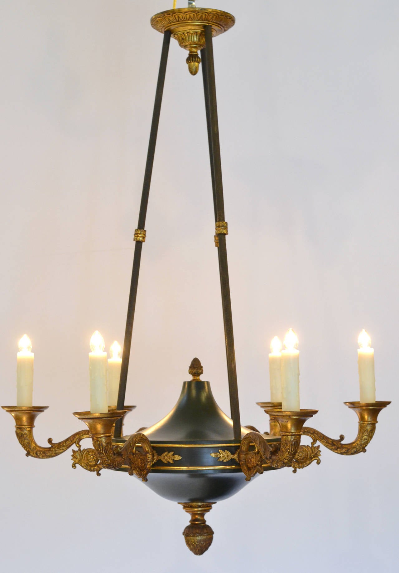 French Empire Style Tole and Bronze Chandelier In Good Condition In Austin, TX