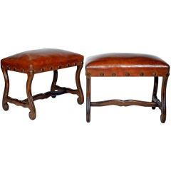 Pair of Louis XIV Style Antique Leather and Walnut Benches