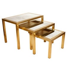French Modernist Gilt Brass and Antique Mirror Nesting Tables
