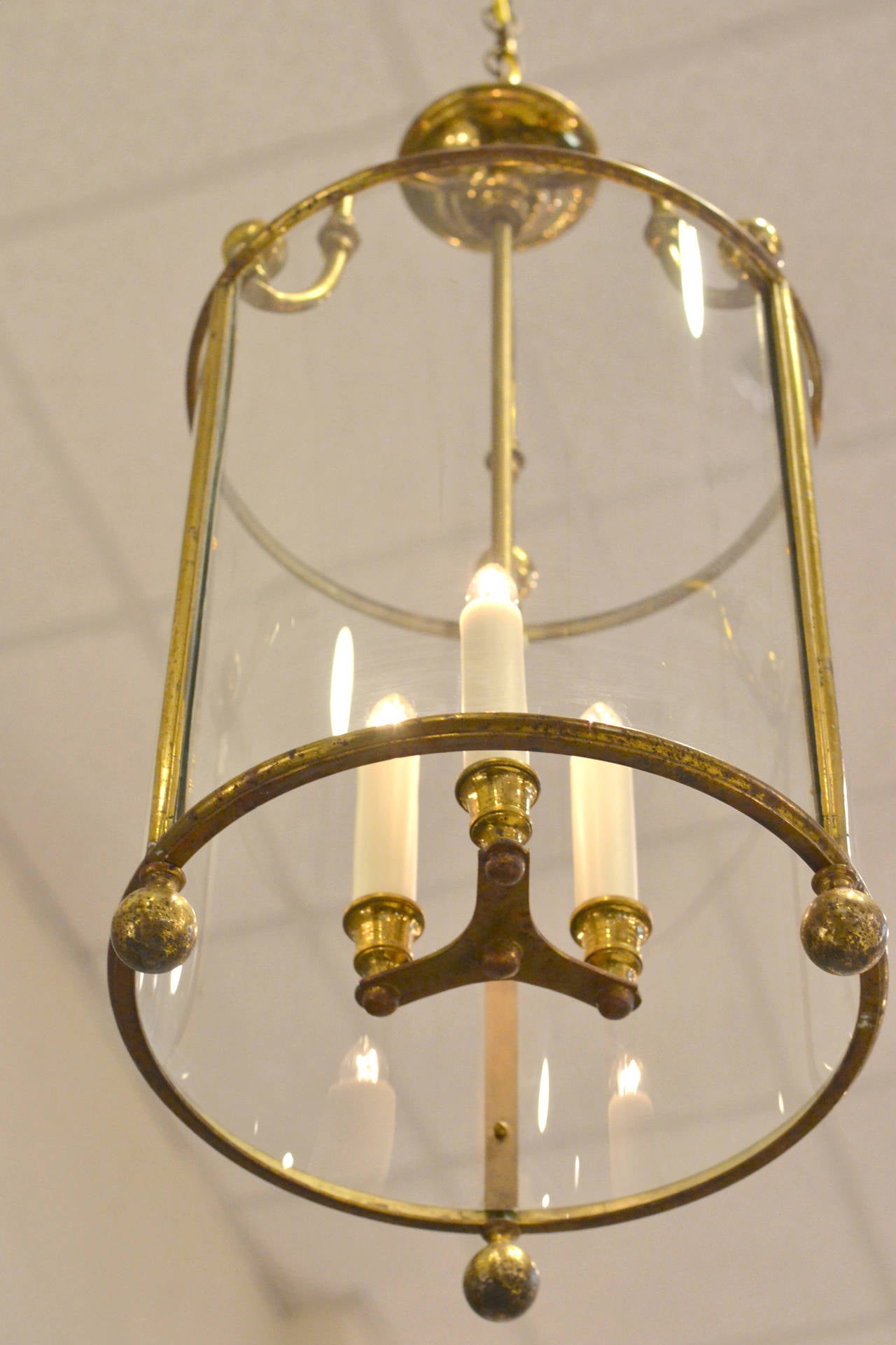 French Antique Brass and Glass Lantern In Good Condition In Austin, TX