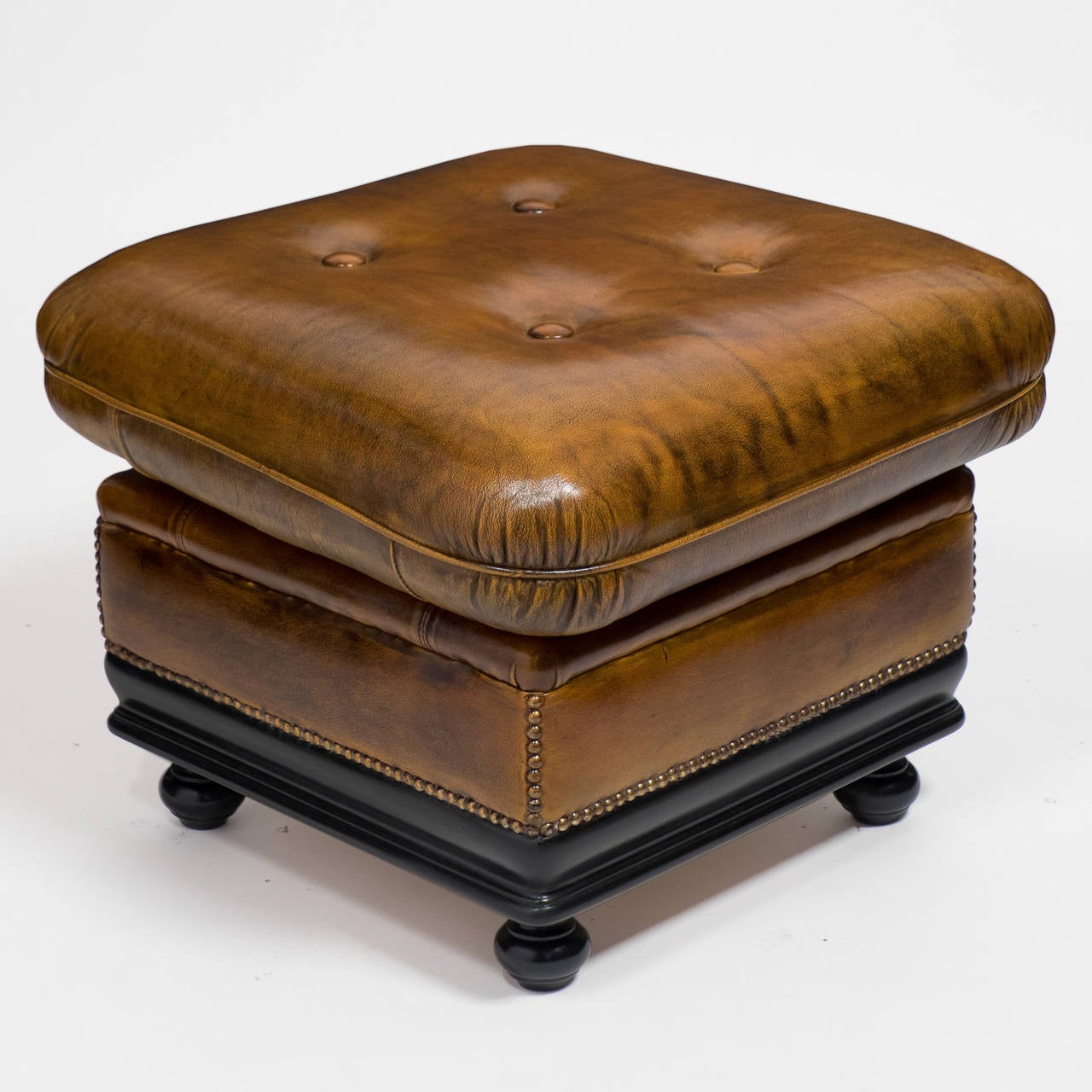 French Vintage Pair of Leather Ottomans
