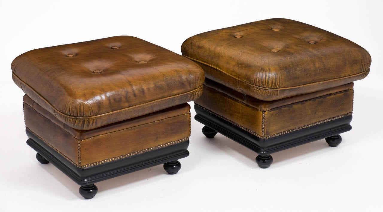 Mid-Century Modern Vintage Pair of Leather Ottomans