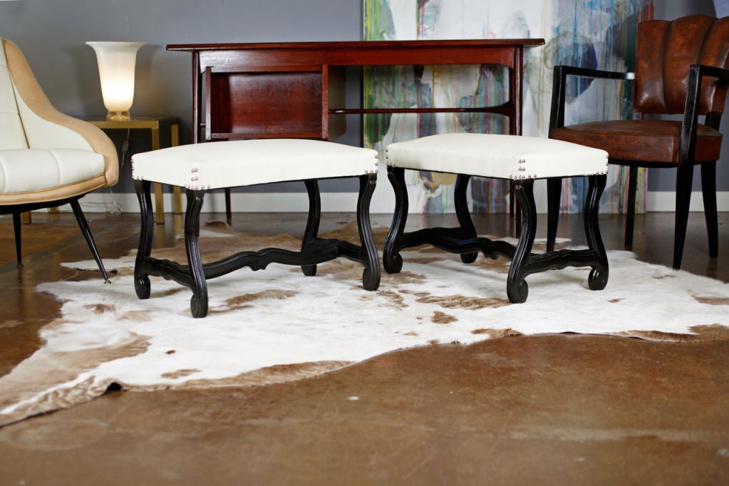 Pair of Louis XIV Style Leather and Walnut Benches