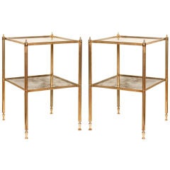 Pair of Brass and Antiqued Glass Sofa Tables