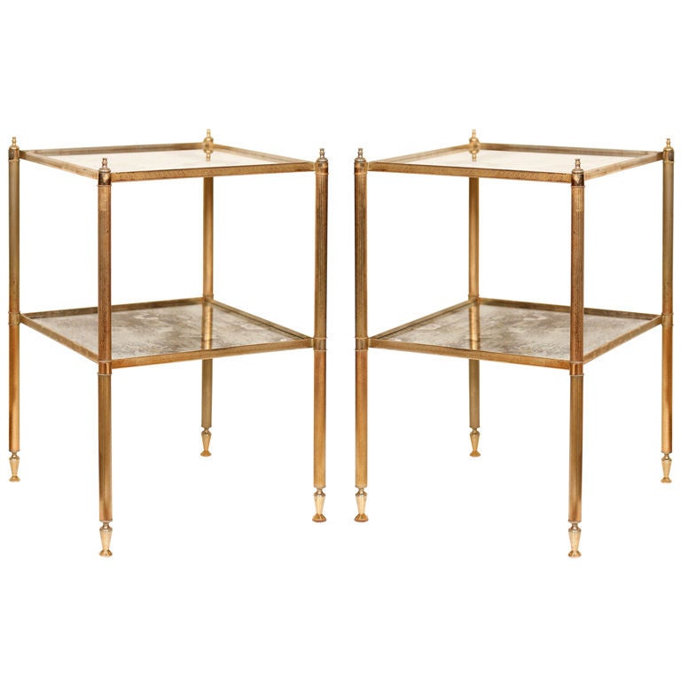 Pair of Brass and Antiqued Glass Sofa Tables
