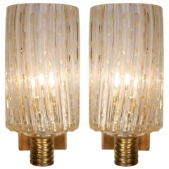 Modernist Murano "Pulegoso" Glass and Brass Sconces