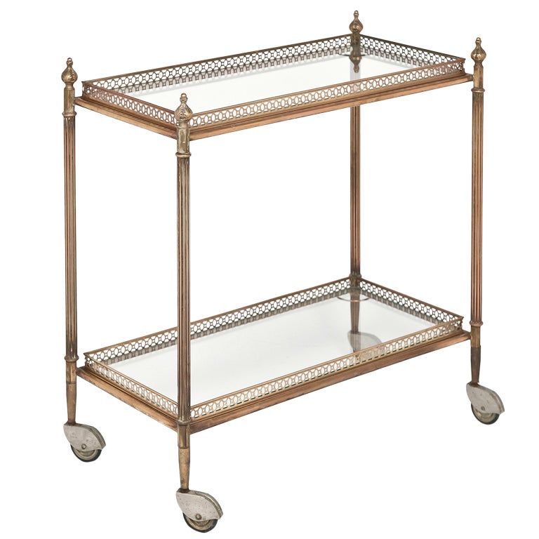 French Vintage Brass and Glass Side Table on Casters at 1stDibs