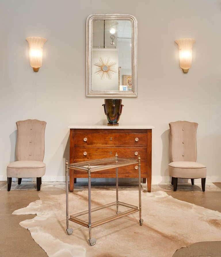 French Vintage Brass and Glass Side Table on Casters at 1stDibs