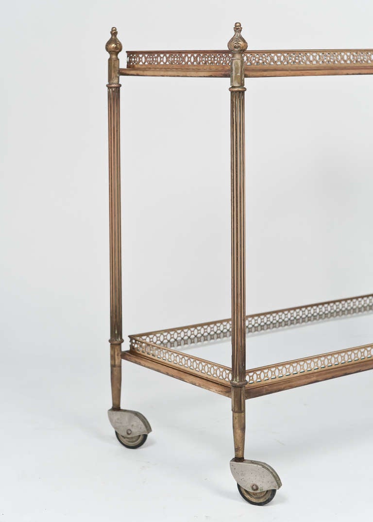 French Vintage Brass and Glass Side Table on Casters at 1stDibs