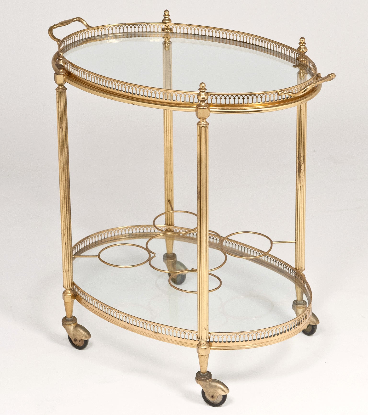 French Vintage Oval Gilt Brass & Glass Bar Cart