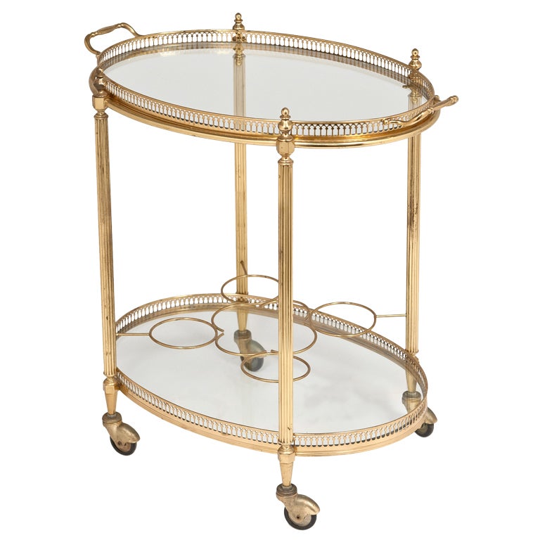 French Vintage Oval Gilt Brass and Glass Bar Cart at 1stDibs