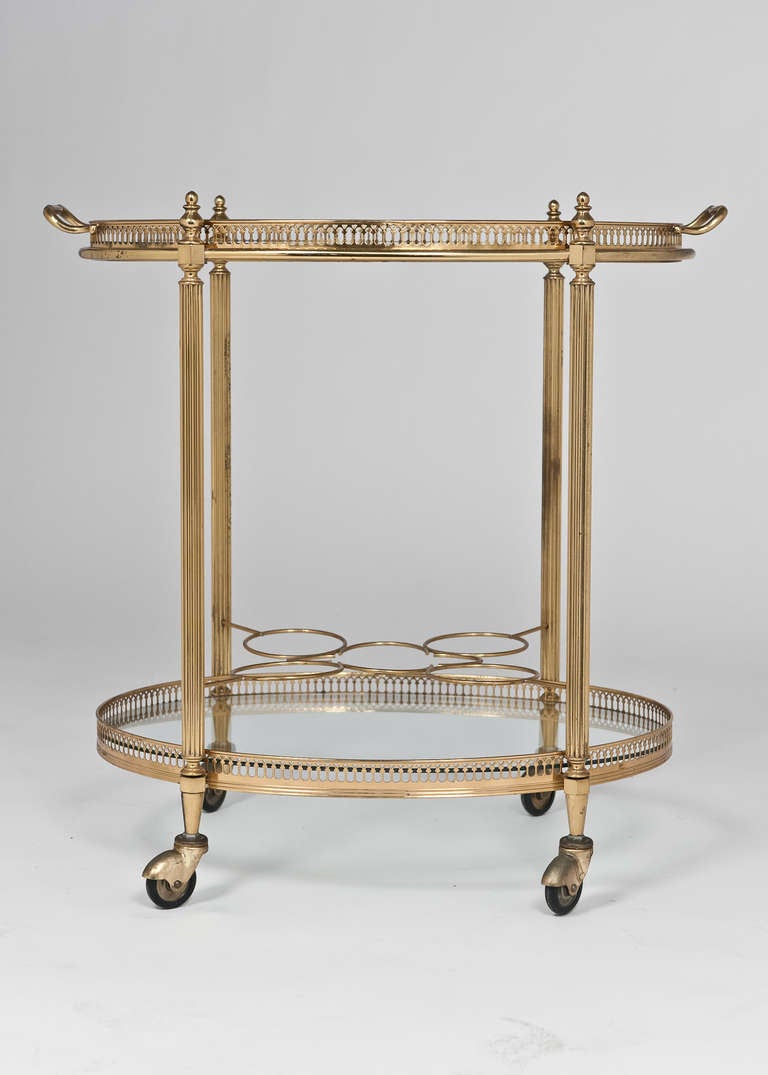 French Vintage Oval Gilt Brass & Glass Bar Cart In Good Condition In Austin, TX