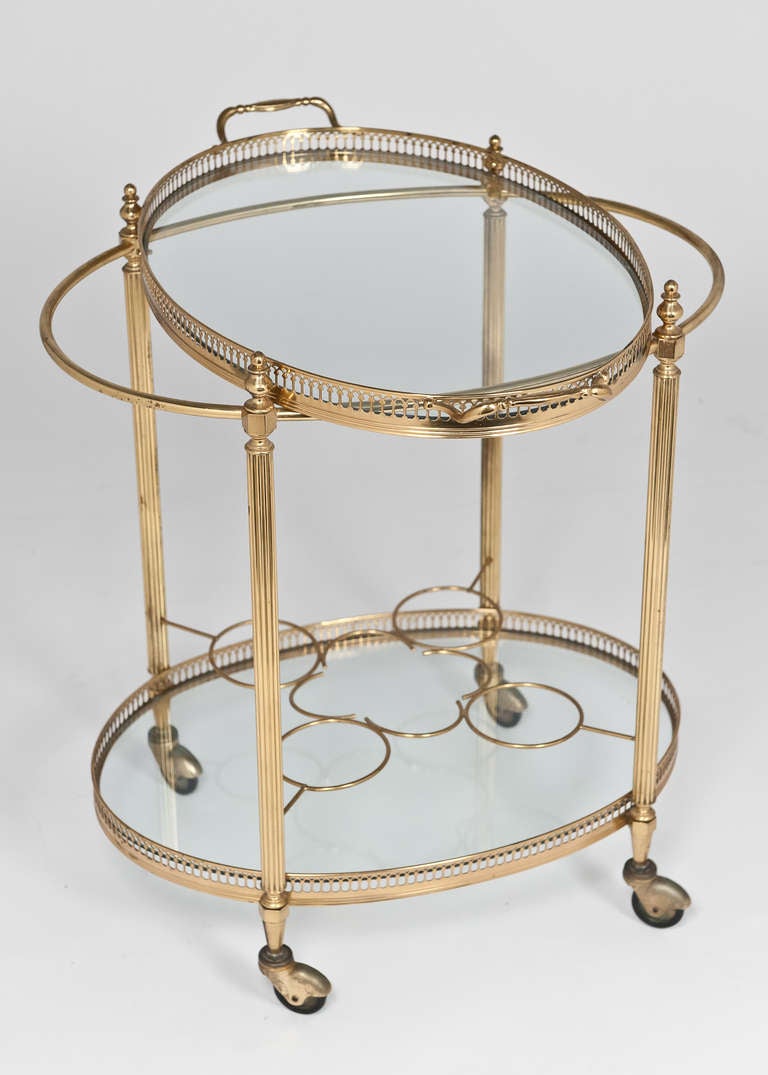 French Vintage Oval Gilt Brass & Glass Bar Cart 1