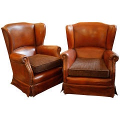 Vintage Italian Leather Wingback Armchairs
