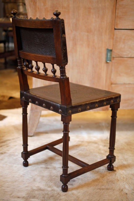 French Set of 6 Leather and Walnut Henry II Style Chairs