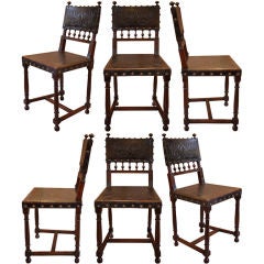 Set of 6 Leather and Walnut Henry II Style Chairs