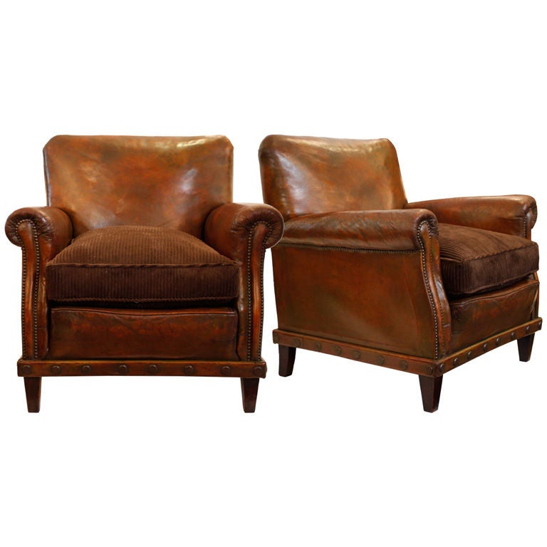 Pair of English Leather Club Chairs