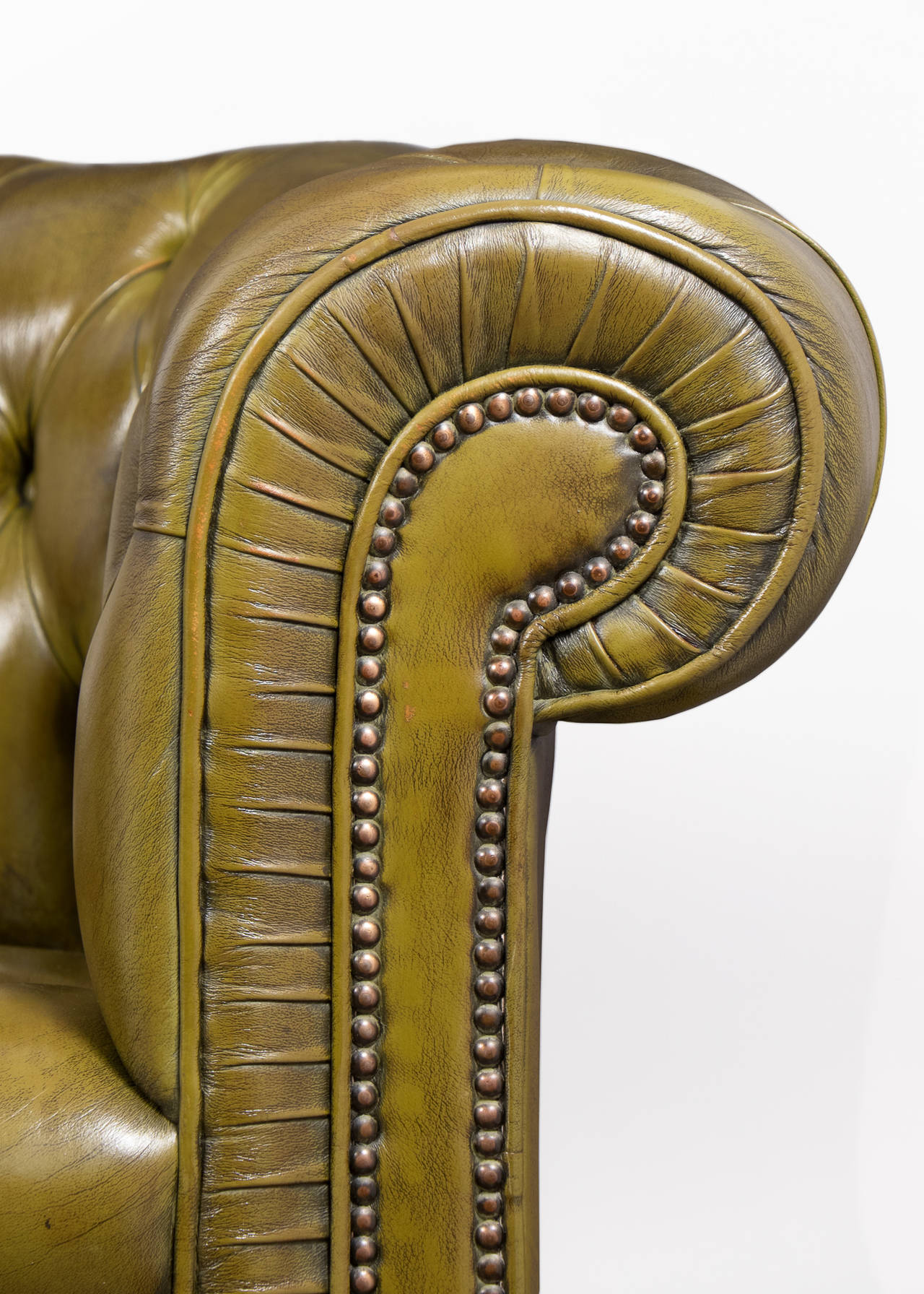 Mid-Century Modern Vintage Green Leather Chesterfield Sofa