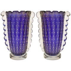 Striking Pair of Cobalt Murano Glass Vases