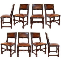 Set of Renaissance Walnut and Leather Dining Chairs