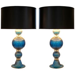 Pair of "Polvera d'Oro" Blue Murano Glass Lamps