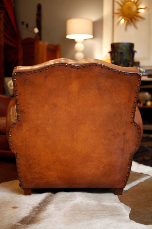 French Pair of Lambskin Havana Leather Moustache Back Club Chairs