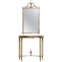 Spanish Vintage Brass & Marble Console with Matching Mirror