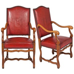 Antique Pair of Louis XIII Red Leather Armchairs