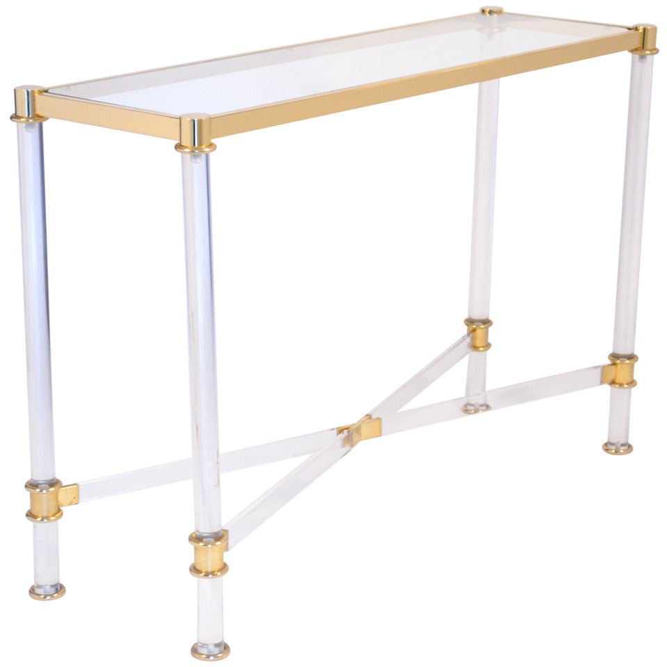 Vintage Console Table in Lucite, Brass, and Glass