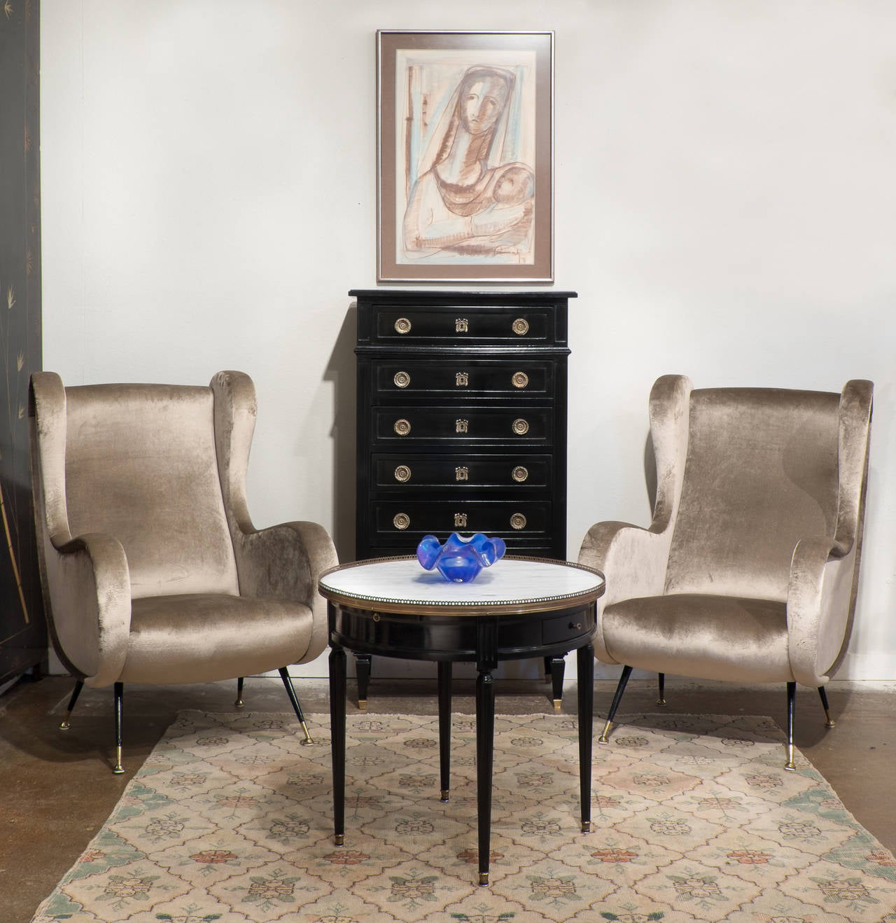 French antique Louis XVI style bouillotte table, with a Carrara marble top, brass gallery, and a French polish finish. Two dovetailed drawers and two pull-out shelves with embossed leather tops.