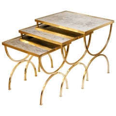 Set of Curule Base Brass and Antiqued Mirror Nesting Tables