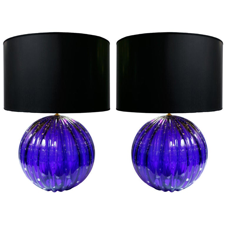 Pair of Vintage Cobalt Blue Murano Glass Lamps