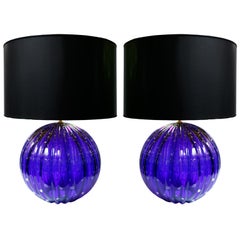 Pair of Vintage Cobalt Blue Murano Glass Lamps